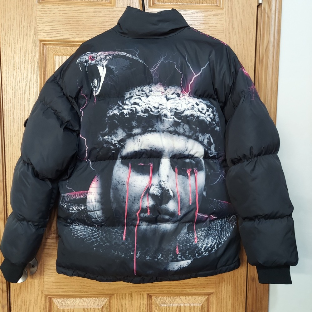 JK Attire Mens Small Black Pink Lightning Puffer Jacket Statue Snake Graphic